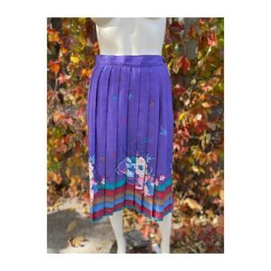 Vintage 80s Ann Stevens Pleated Midi Skirt Purple Floral Art Print Sz 12
